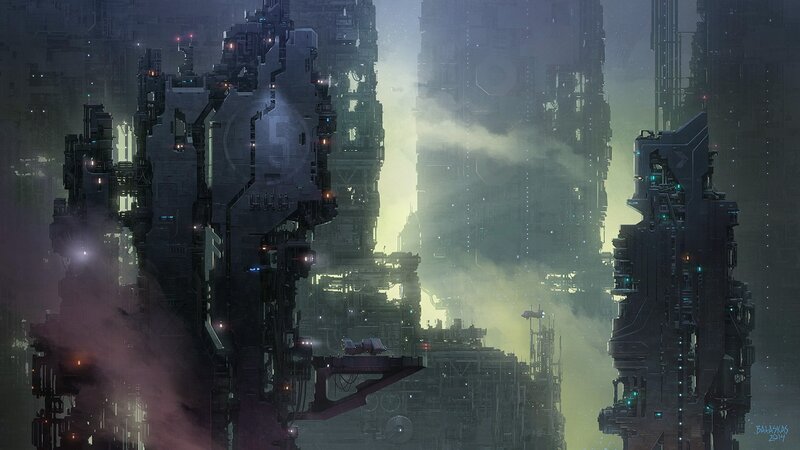 Futuristic Cityscape — Gray, Dramatic, Night, Digital Art, Skyscrapers, Smoke, Ships