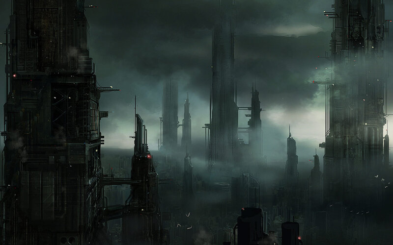 Futuristic Cityscape — Gray, Dramatic, Night, Digital Art, Skyscrapers, Smoke