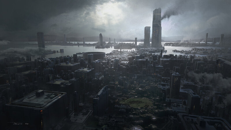 Futuristic Cityscape — Gray, Dramatic, Night, Digital Art, Skyscrapers, Smoke, Water