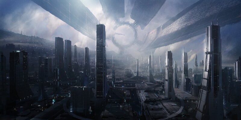 Futuristic Cityscape — Gray, Dramatic, Night, Digital Art, Skyscrapers, Space Station, Clouds