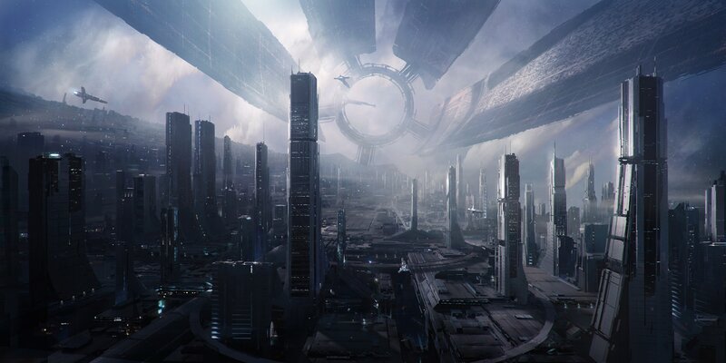 Futuristic Cityscape — Gray, Dramatic, Night, Digital Art, Skyscrapers, Spaceship