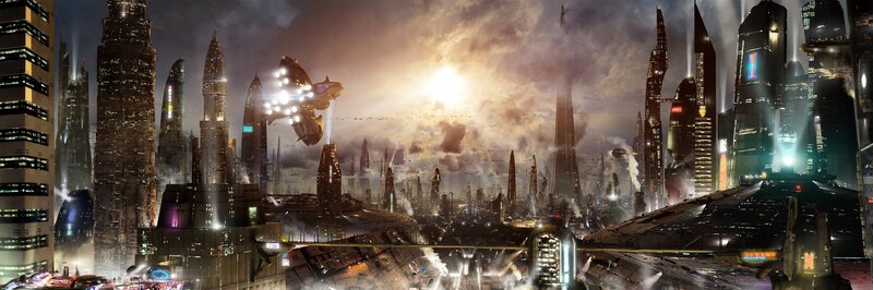 Futuristic Cityscape — Gray, Dramatic, Night, Digital Art, Skyscrapers, Spaceships