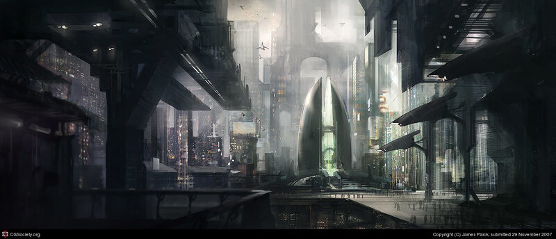 Futuristic Cityscape — Gray, Dramatic, Night, Digital Art, Skyscrapers