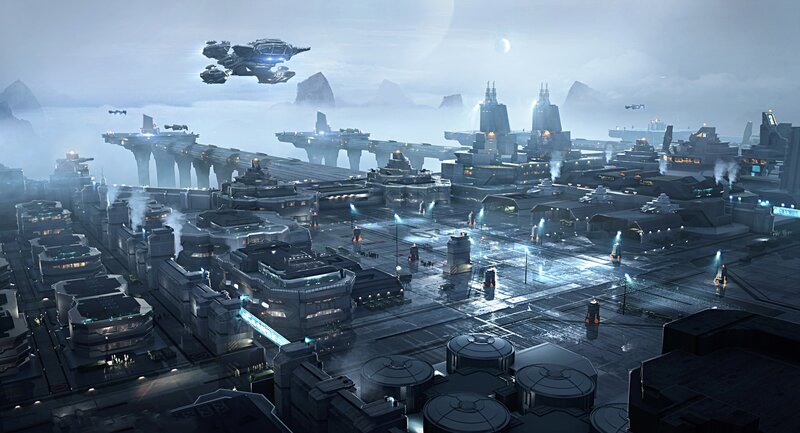 Futuristic Cityscape — Gray, Dramatic, Night, Digital Art, Spaceships, Bridges
