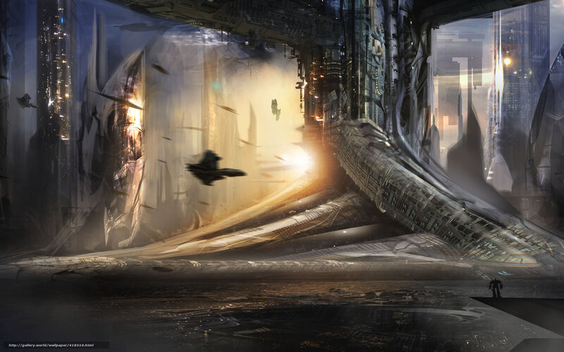 Futuristic Cityscape — Gray, Dramatic, Night, Digital Art, Spaceships, Debris