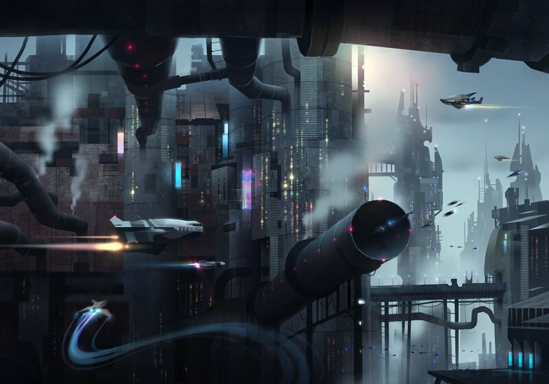 Futuristic Cityscape — Gray, Dramatic, Night, Digital Art, Spaceships