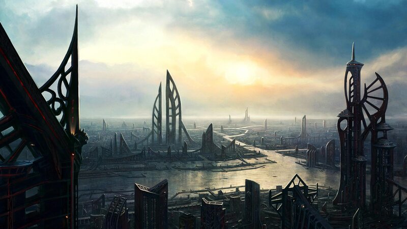 Futuristic Cityscape — Gray, Dramatic, Sunrise, Digital Art, Skyscrapers