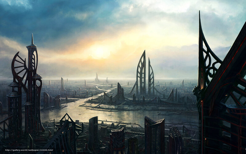 Futuristic Cityscape — Gray, Dramatic, Sunrise, Digital Art