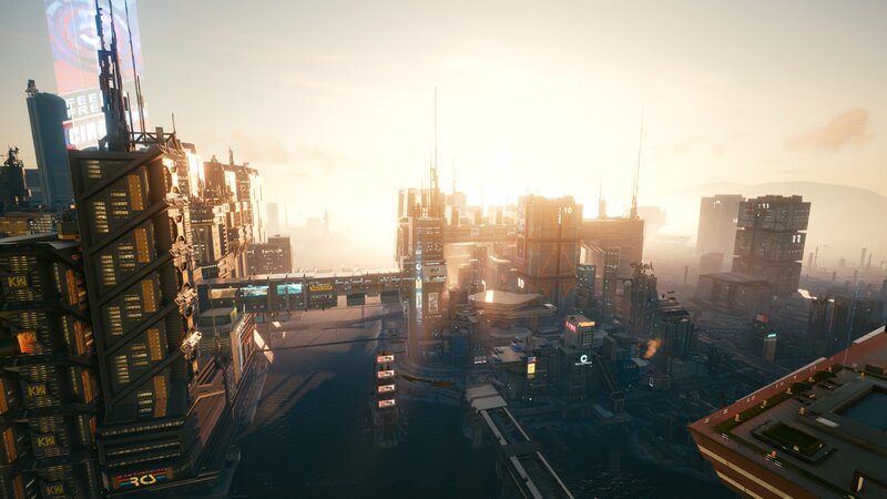 Futuristic Cityscape — Gray, Dramatic, Sunset, 3d Render, Skyscrapers, Neon Signs
