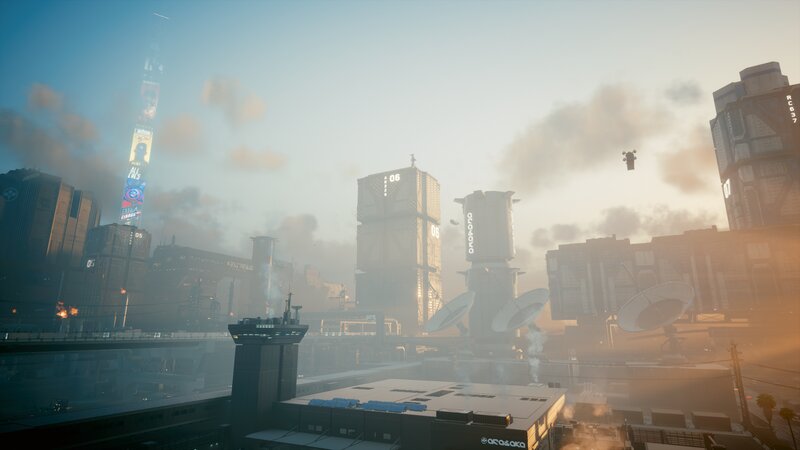 Futuristic Cityscape — Gray, Dramatic, Sunset, 3d Render, Skyscrapers, Satellite Dishes