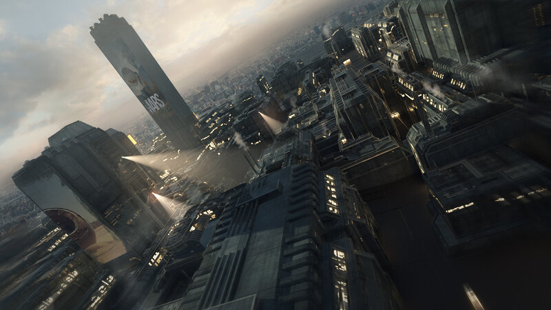 Futuristic Cityscape — Gray, Dramatic, Sunset, 3d Render, Skyscrapers