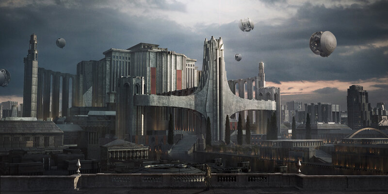 Futuristic Cityscape — Gray, Dramatic, Sunset, Digital Art, Airships, Buildings