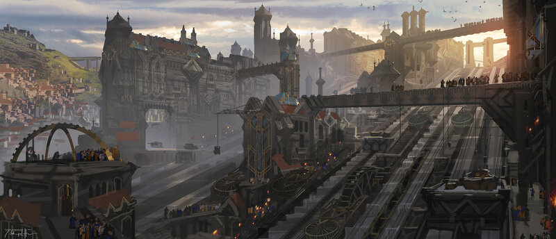 Futuristic Cityscape — Gray, Dramatic, Sunset, Digital Art, Bridges