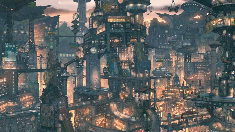 Futuristic Cityscape — Gray, Dramatic, Sunset, Digital Art, Buildings, Bridges, Lights