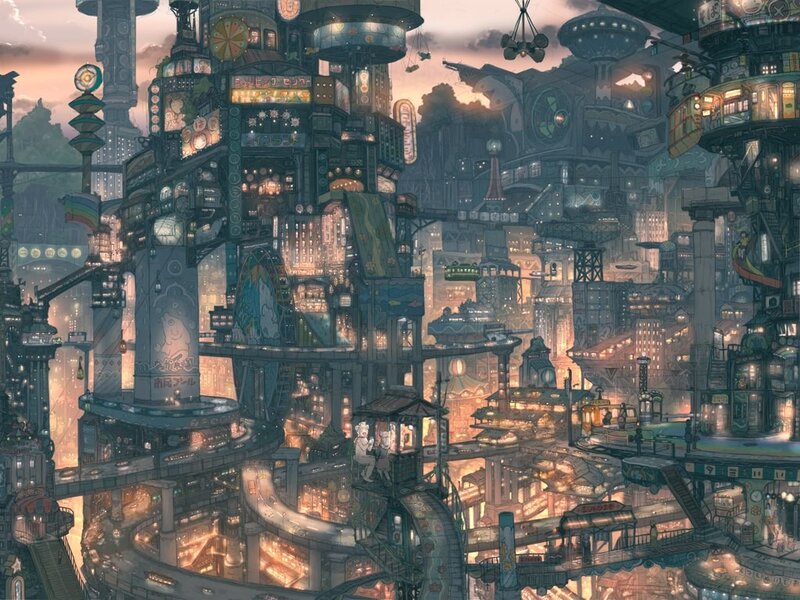 Futuristic Cityscape — Gray, Dramatic, Sunset, Digital Art, Buildings, Neon Signs