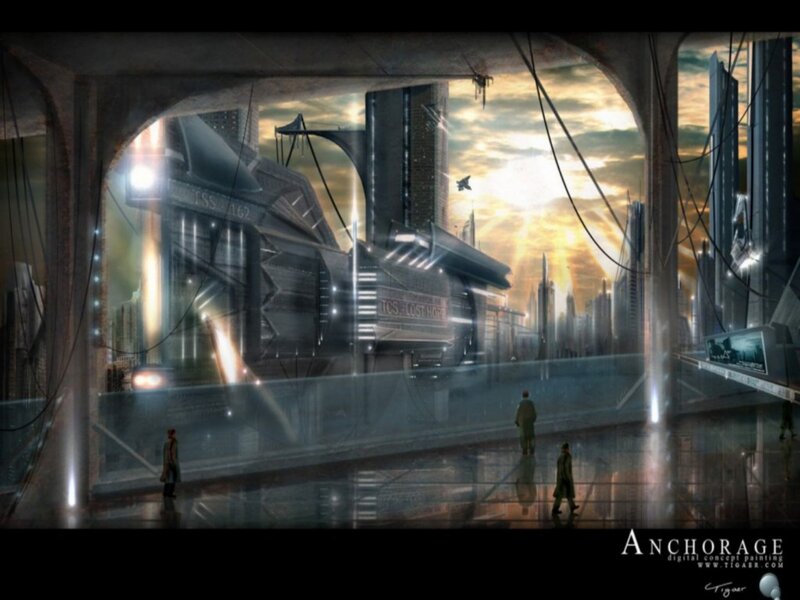 Futuristic Cityscape — Gray, Dramatic, Sunset, Digital Art, Buildings, People