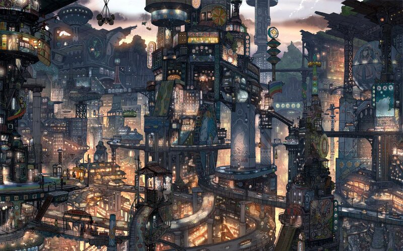 Futuristic Cityscape — Gray, Dramatic, Sunset, Digital Art, Buildings