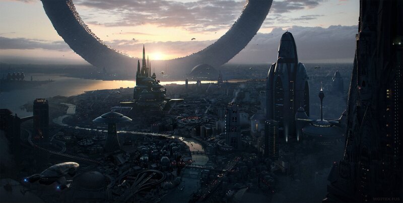 Futuristic Cityscape — Gray, Dramatic, Sunset, Digital Art, City, Ring Structure