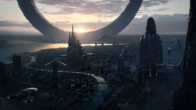 Futuristic Cityscape — Gray, Dramatic, Sunset, Digital Art, City, Space Ring