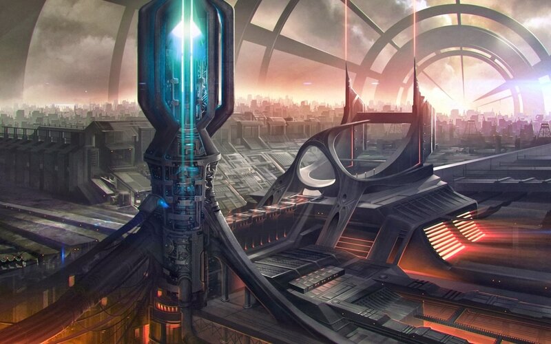 Futuristic Cityscape — Gray, Dramatic, Sunset, Digital Art, City