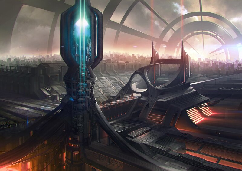 Futuristic Cityscape — Gray, Dramatic, Sunset, Digital Art, City, Tower, Blue