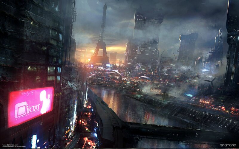 Futuristic Cityscape — Gray, Dramatic, Sunset, Digital Art, Eiffel Tower, River, Skyscrapers, Billboard