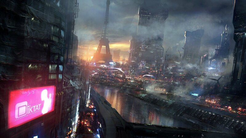 Futuristic Cityscape — Gray, Dramatic, Sunset, Digital Art, Eiffel Tower, River, Skyscrapers, Neon Sign