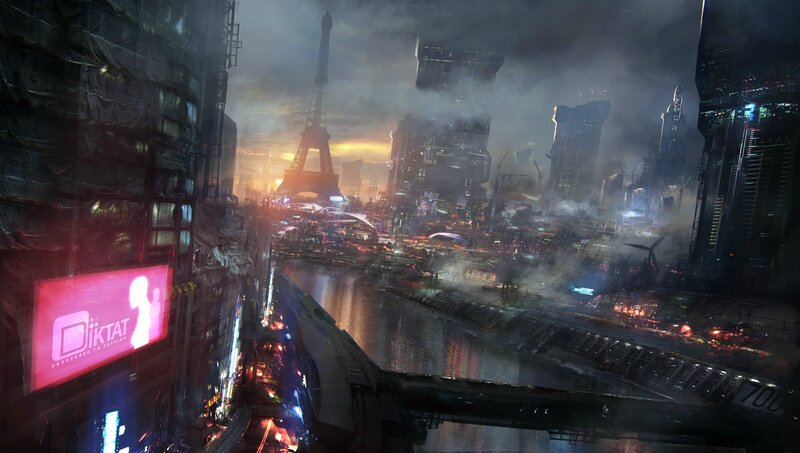 Futuristic Cityscape — Gray, Dramatic, Sunset, Digital Art, Eiffel Tower, River, Skyscrapers, Smoke