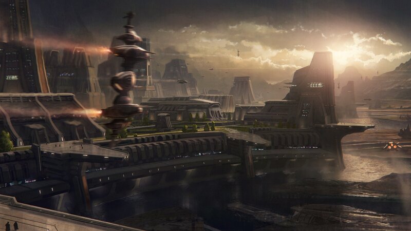 Futuristic Cityscape — Gray, Dramatic, Sunset, Digital Art, Ships