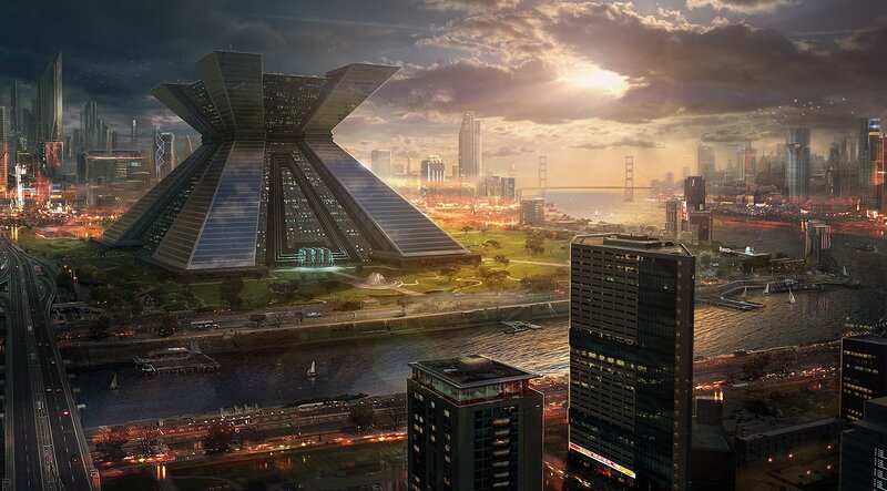 Futuristic Cityscape — Gray, Dramatic, Sunset, Digital Art, Skyscraper