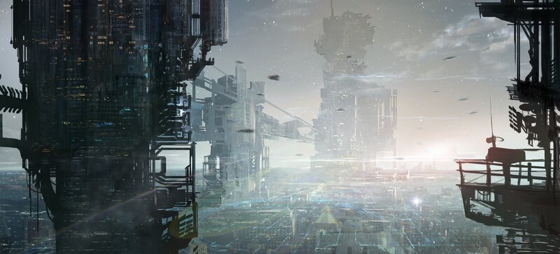 Futuristic Cityscape — Gray, Dramatic, Sunset, Digital Art, Skyscrapers, Aircraft