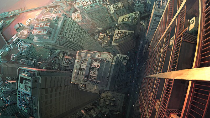 Futuristic Cityscape — Gray, Dramatic, Sunset, Digital Art, Skyscrapers, Buildings