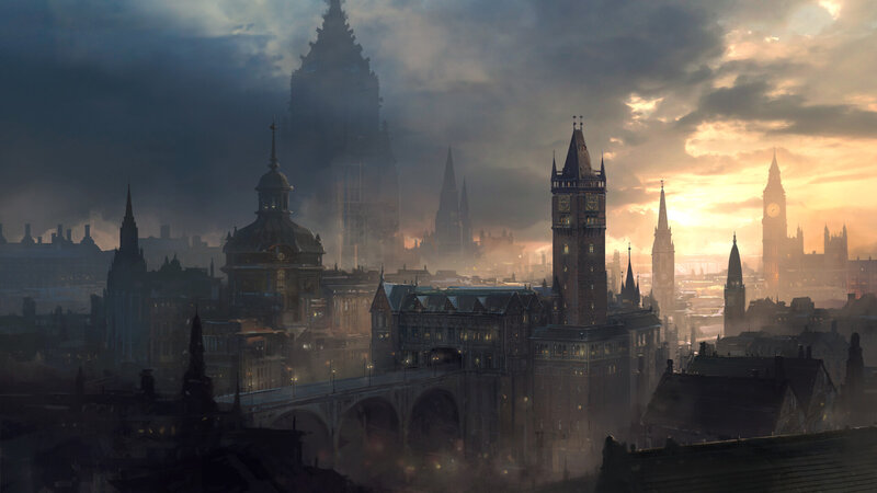 Futuristic Cityscape — Gray, Dramatic, Sunset, Digital Art, Skyscrapers, Clock Tower