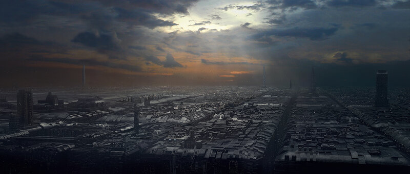 Futuristic Cityscape — Gray, Dramatic, Sunset, Digital Art, Skyscrapers, Clouds