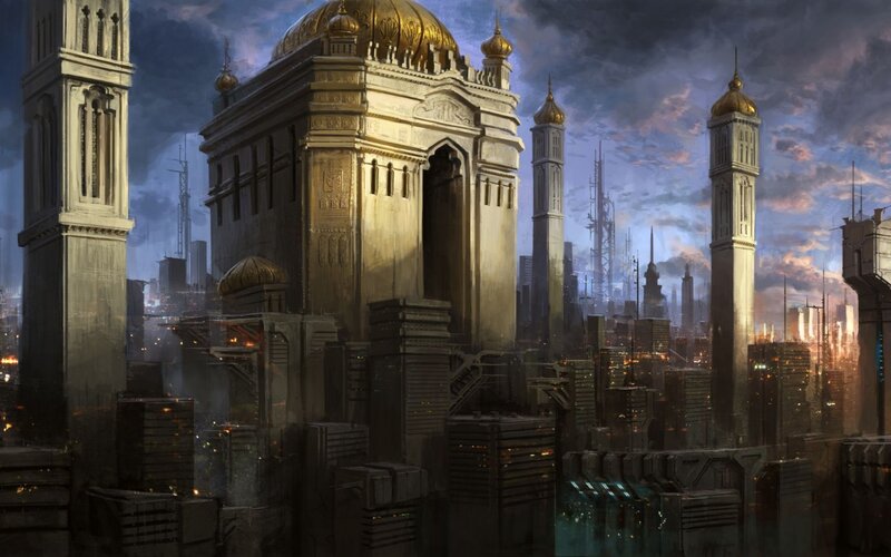 Futuristic Cityscape — Gray, Dramatic, Sunset, Digital Art, Skyscrapers, Dome