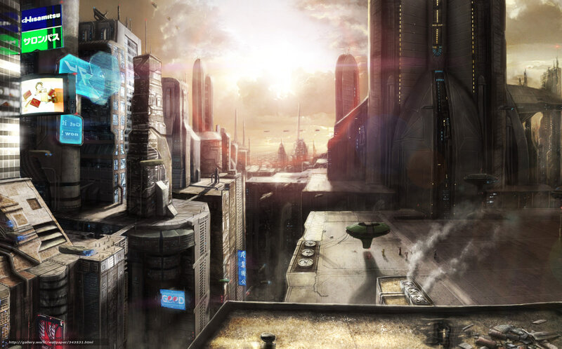 Futuristic Cityscape — Gray, Dramatic, Sunset, Digital Art, Skyscrapers, Flying Vehicles