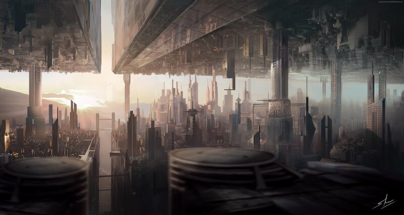 Futuristic Cityscape — Gray, Dramatic, Sunset, Digital Art, Skyscrapers, Reflection