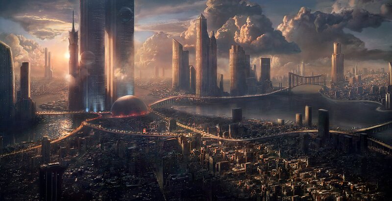 Futuristic Cityscape — Gray, Dramatic, Sunset, Digital Art, Skyscrapers, River, Bridge
