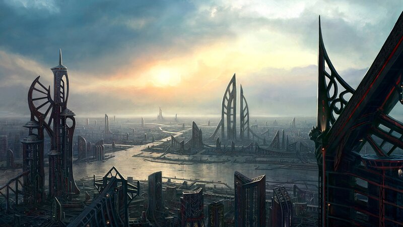Futuristic Cityscape — Gray, Dramatic, Sunset, Digital Art, Skyscrapers, River