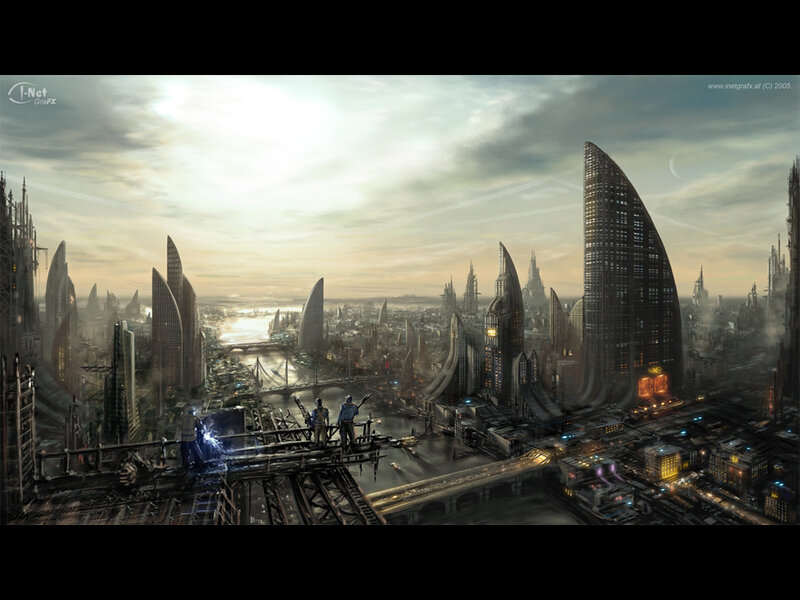 Futuristic Cityscape — Gray, Dramatic, Sunset, Digital Art, Skyscrapers, River, Workers, Moon
