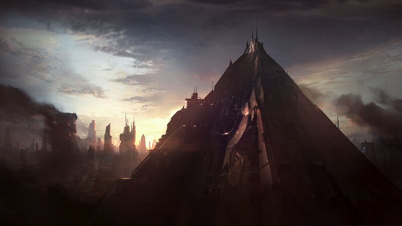 Futuristic Cityscape — Gray, Dramatic, Sunset, Digital Art, Skyscrapers, Smoke