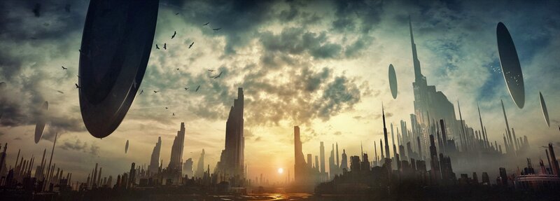 Futuristic Cityscape — Gray, Dramatic, Sunset, Digital Art, Skyscrapers, Spaceships