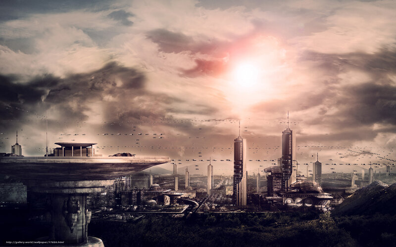 Futuristic Cityscape — Gray, Dramatic, Sunset, Digital Art, Skyscrapers