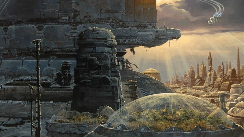 Futuristic Cityscape — Gray, Dramatic, Sunset, Digital Art, Spaceship