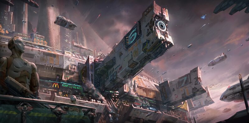 Futuristic Cityscape — Gray, Dramatic, Sunset, Digital Art, Spaceships, Buildings