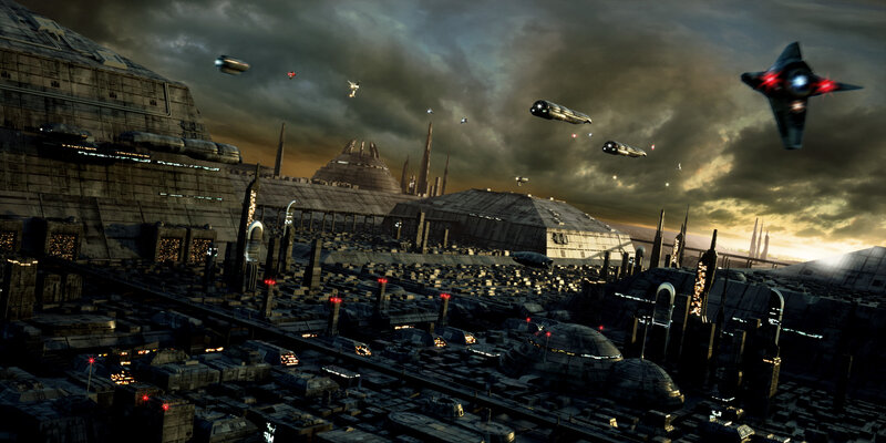 Futuristic Cityscape — Gray, Dramatic, Sunset, Digital Art, Spaceships, Skyscrapers, Clouds