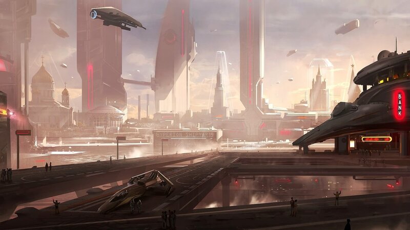 Futuristic Cityscape — Gray, Dramatic, Sunset, Digital Art, Spaceships, Skyscrapers