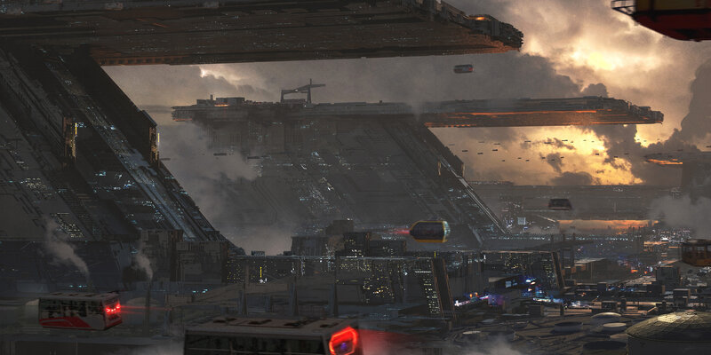 Futuristic Cityscape — Gray, Dramatic, Sunset, Digital Art, Spaceships, Smoke