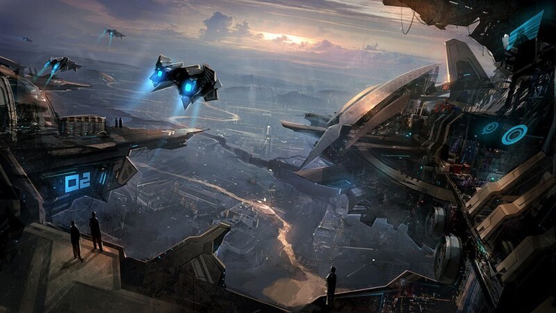 Futuristic Cityscape — Gray, Dramatic, Sunset, Digital Art, Spaceships