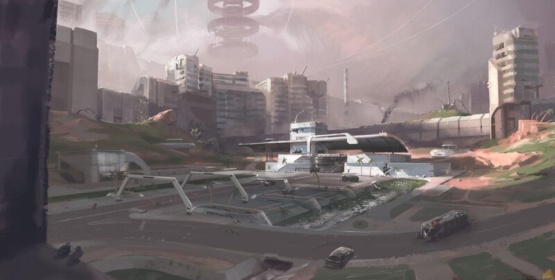Futuristic Cityscape — Gray, Dystopian, Afternoon, Digital Art, Buildings, Vehicles